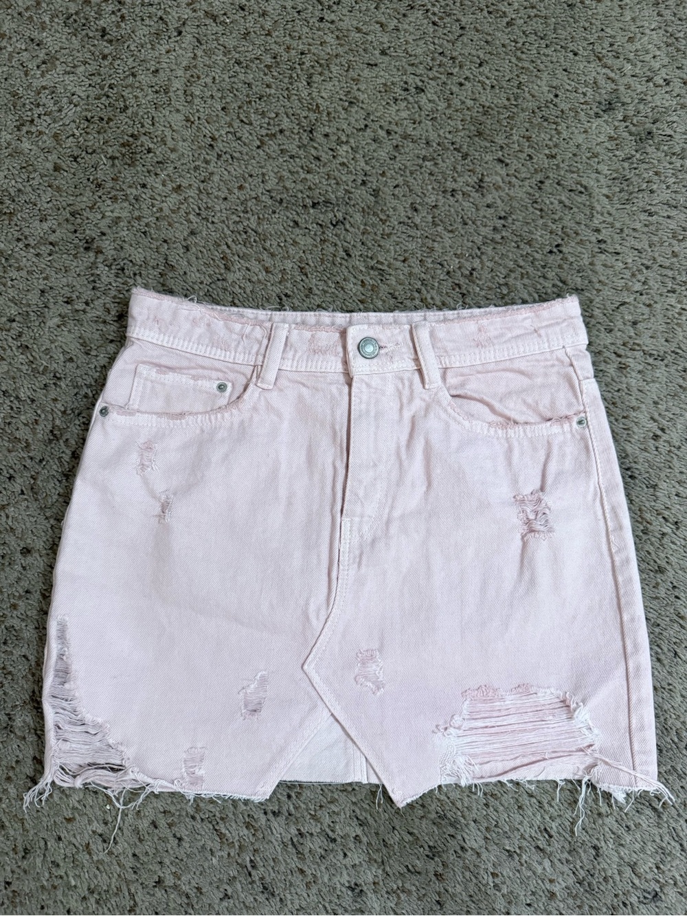 Zara Pastel Pink Distressed Denim Mini Skirt